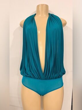 Caribbean Queen Teal Halter Bodysuit with Pleated Front